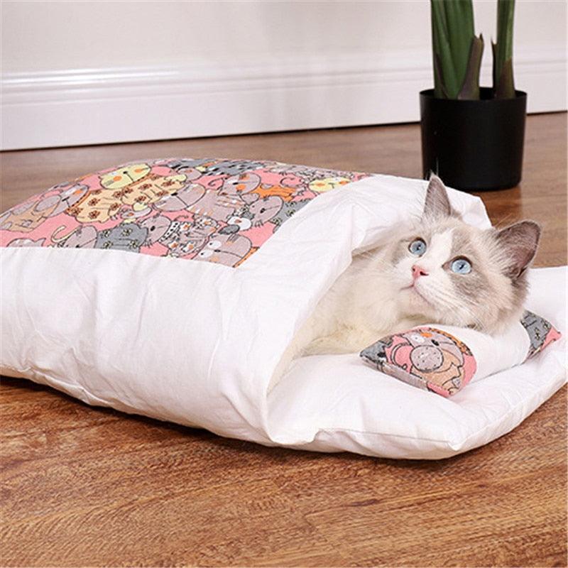 Japanese Cat Bed Warm Cat Sleeping Bag Deep Sleep Winter Removable Pet Dog Bed House Cats Nest Cushion with pillow - YOURISHOP.COM