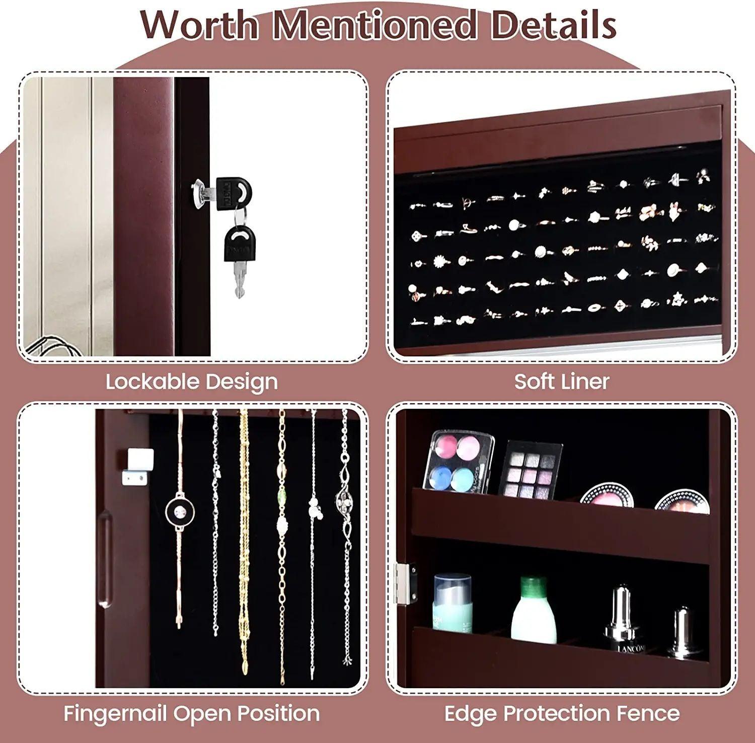 Jewelry Cabinet JV10086,Lockable Wall Door Mounted Mirror with LED Lights - YOURISHOP.COM