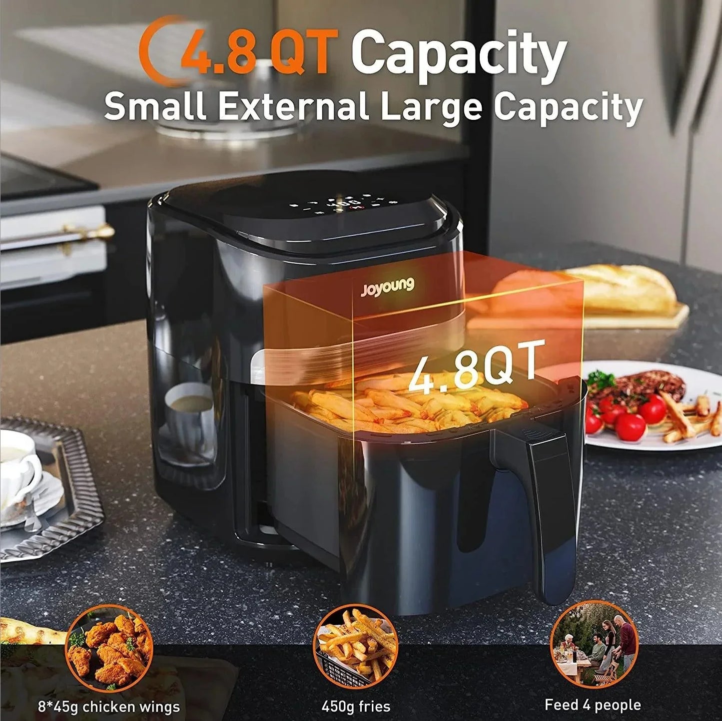 K45-VF-571: JOYOUNG Air Fryer, LED One Touch Screen,8 in 1, 4.8Qt Air Fryer, 93% less fat, Hot Oven Cooker with ℃ to ℉ Switch, Nonstick Basket, Black - YOURISHOP.COM