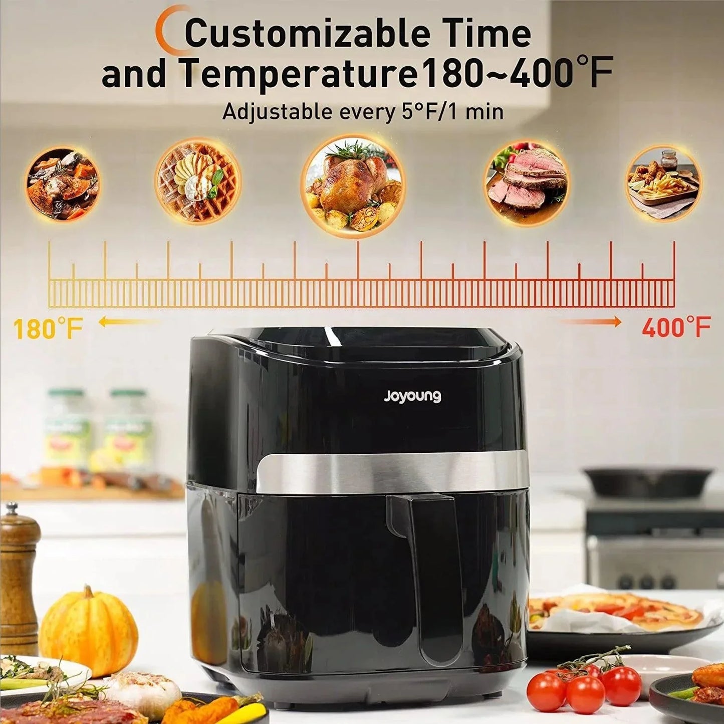 K45-VF-571: JOYOUNG Air Fryer, LED One Touch Screen,8 in 1, 4.8Qt Air Fryer, 93% less fat, Hot Oven Cooker with ℃ to ℉ Switch, Nonstick Basket, Black - YOURISHOP.COM