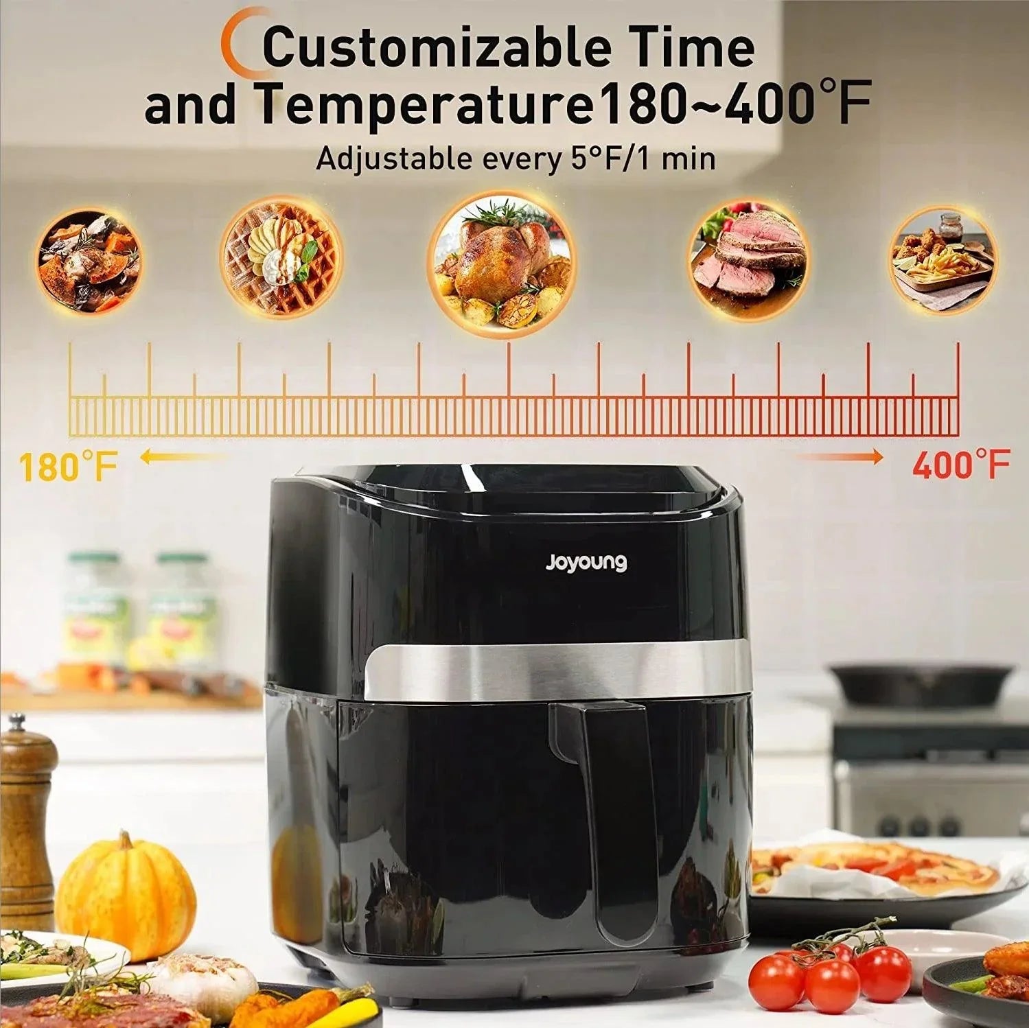 K45-VF-571: JOYOUNG Air Fryer, LED One Touch Screen,8 in 1, 4.8Qt Air Fryer, 93% less fat, Hot Oven Cooker with ℃ to ℉ Switch, Nonstick Basket, Black - YOURISHOP.COM