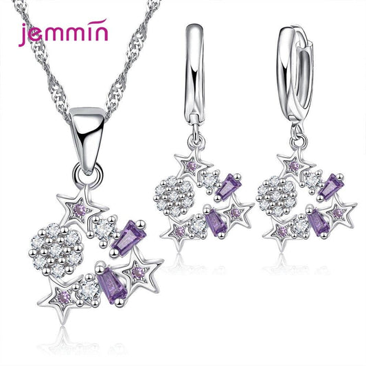 Korean Trend Classic Star 925 Sterling Silver AAA++ CZ Zircon Wedding Engagement Necklaces Hoop Earring Jewelry Sets Gifts - YOURISHOP.COM