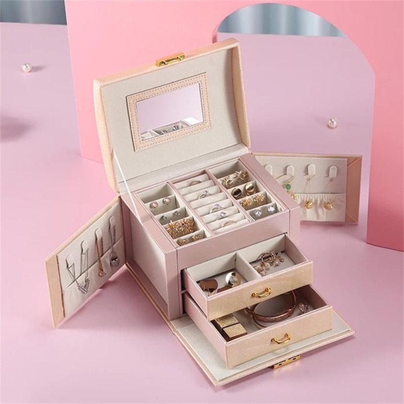 Large PU Leather Jewelry Box Jewelry Storage Case Velvet Organizer Drawer Earring Ring Necklace Gift Display Jewellery Casket - YOURISHOP.COM