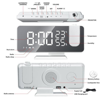 LED Digital Alarm Clock Radio Projection Multifunction Bedside Time Display Radio With Temperature And Humidity Mirror Clock - YOURISHOP.COM