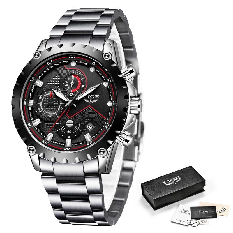 LIGE Fashion Mens Watches Top Luxury Brand Silver Stainless Steel 30m Waterproof Quartz Watch for Men Army Military Chronograph - YOURISHOP.COM