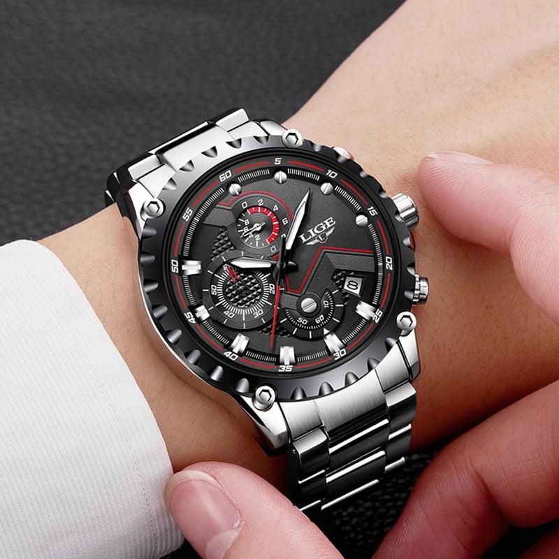 LIGE Fashion Mens Watches Top Luxury Brand Silver Stainless Steel 30m Waterproof Quartz Watch for Men Army Military Chronograph - YOURISHOP.COM