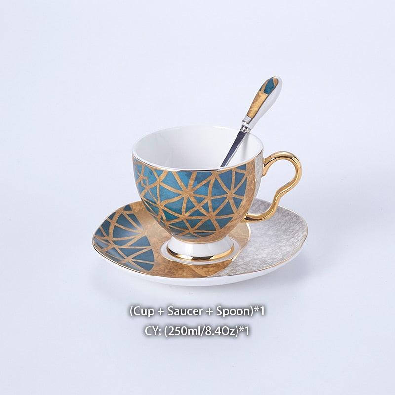 Luxury Bone China Tea Cup Saucer Spoon Set 250ml Coffee Cup Gold Porcelain Tea Set Ceramic Teacup Cafe Espresso Cup - YOURISHOP.COM