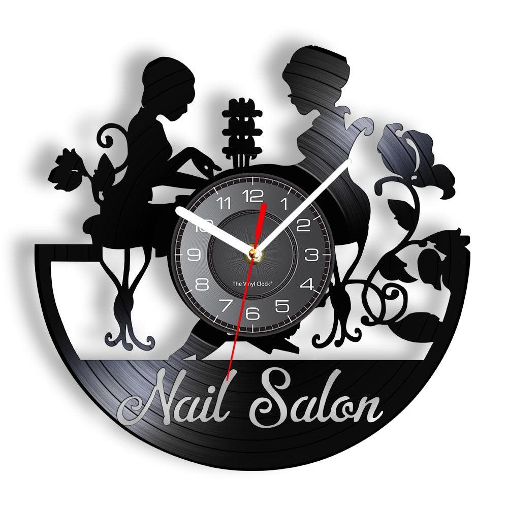 Manicure Design Wall Clock Fashion Beauty Store Wall Art Nail Salon Vinyl Record Wall Clock Nail Beauty Home Decor Gift For Her - YOURISHOP.COM