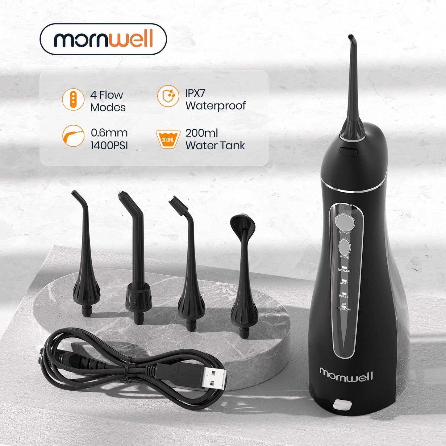 Mornwell Portable Oral Irrigator With Travel Bag Water Flosser USB Rechargeable 5 Nozzles Water Jet 200ml Water Tank Waterproof - YOURISHOP.COM