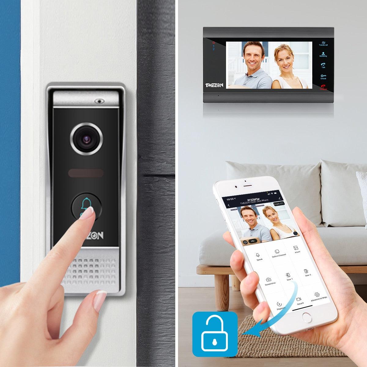 【NEW TUYA 1080P】TMEZON 7 Inch Wireless Wifi Smart Video DoorPhone Intercom System with 2 Monitor + 1 Rainproof Doorbell Camera - YOURISHOP.COM