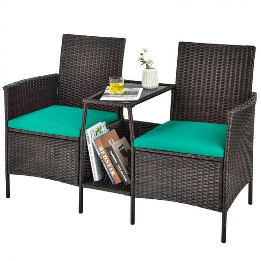 Patio Rattan Wicker Conversation Set Sofa HW63233RE with Cushioned Loveseat Glass Table - YOURISHOP.COM