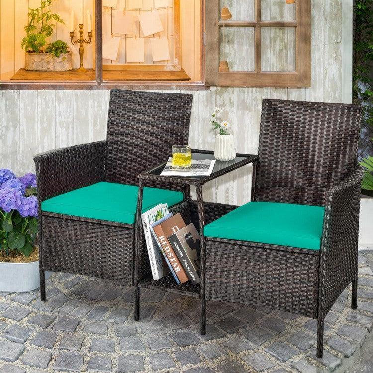 Patio Rattan Wicker Conversation Set Sofa HW63233RE with Cushioned Loveseat Glass Table - YOURISHOP.COM