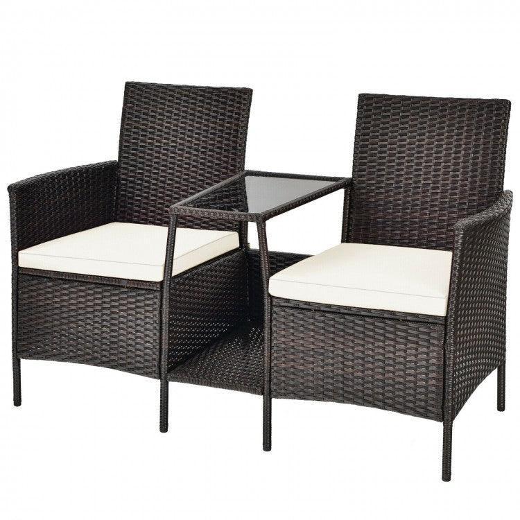 Patio Rattan Wicker Conversation Set Sofa HW63233RE with Cushioned Loveseat Glass Table - YOURISHOP.COM