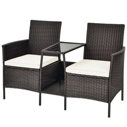Patio Rattan Wicker Conversation Set Sofa HW63233RE with Cushioned Loveseat Glass Table - YOURISHOP.COM