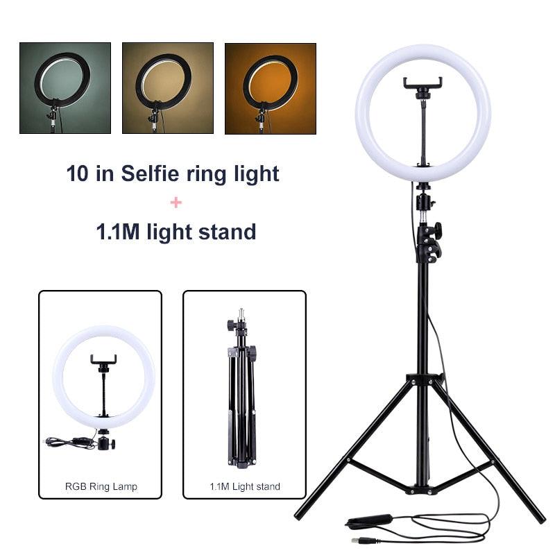 PYNSSEU 26cm LED Ring Light with 1.1/1.6/2.0M RGB lamp Stand Dimmable 10&quot; Selfie Ring Lamp with Phone Clip for Youtube Makeup - YOURISHOP.COM