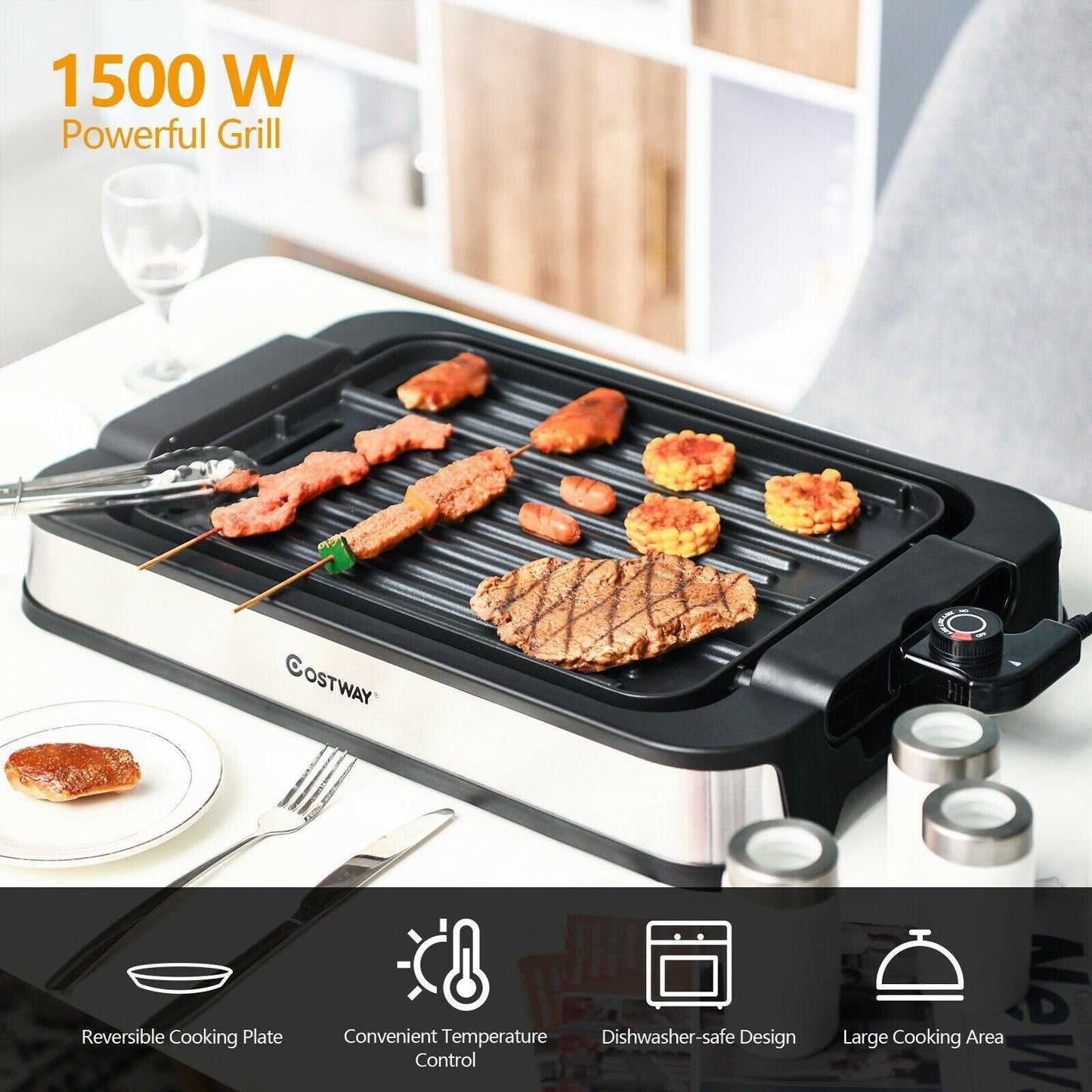 Smokeless Indoor Grill EP24926US,Electric Griddle with Non-stick Cooking Plate,1500W
