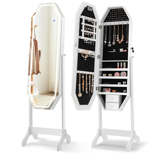 Standing Jewelry Armoire JV10465 with Full Length LED Mirror，Lockable - YOURISHOP.COM