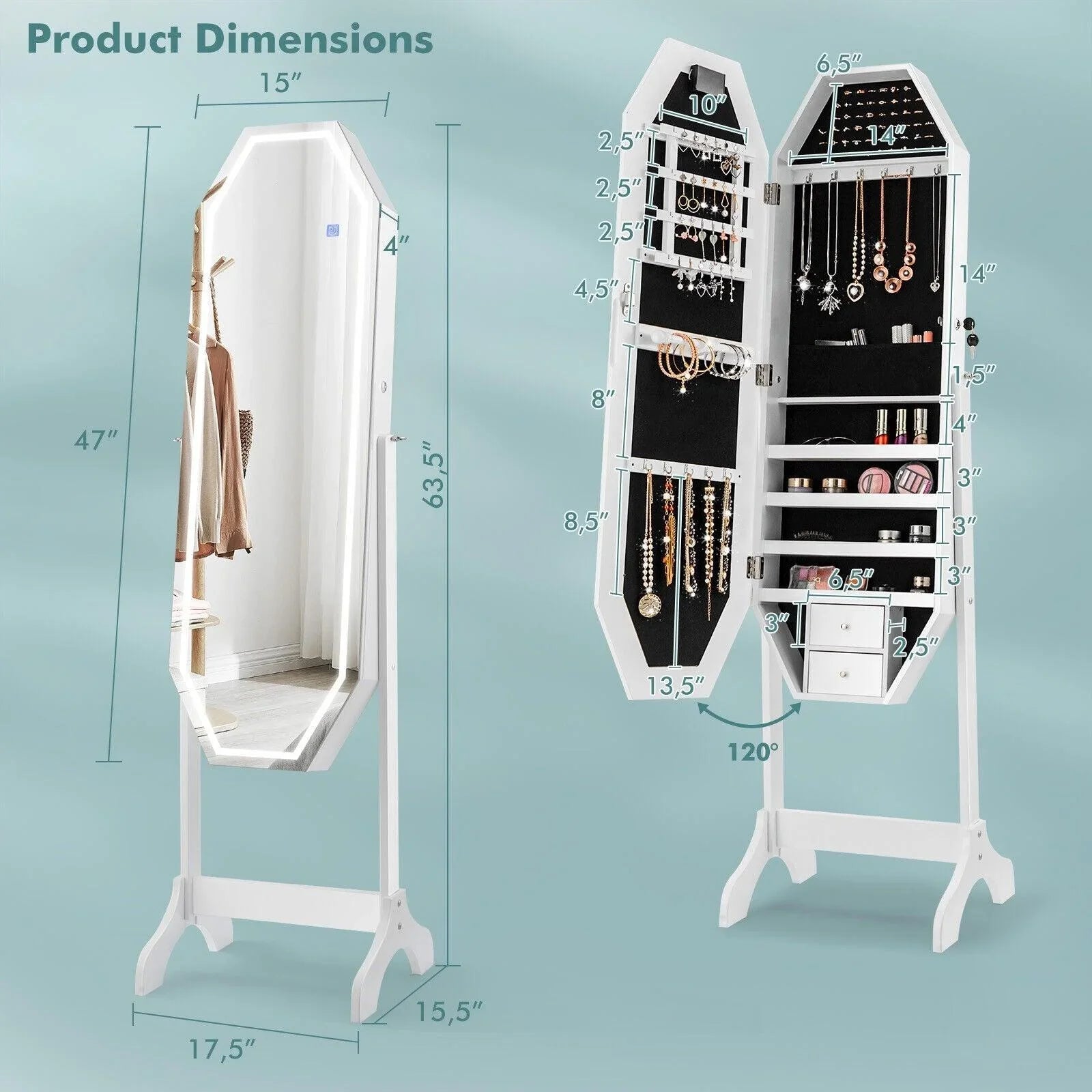 Standing Jewelry Armoire JV10465 with Full Length LED Mirror，Lockable - YOURISHOP.COM