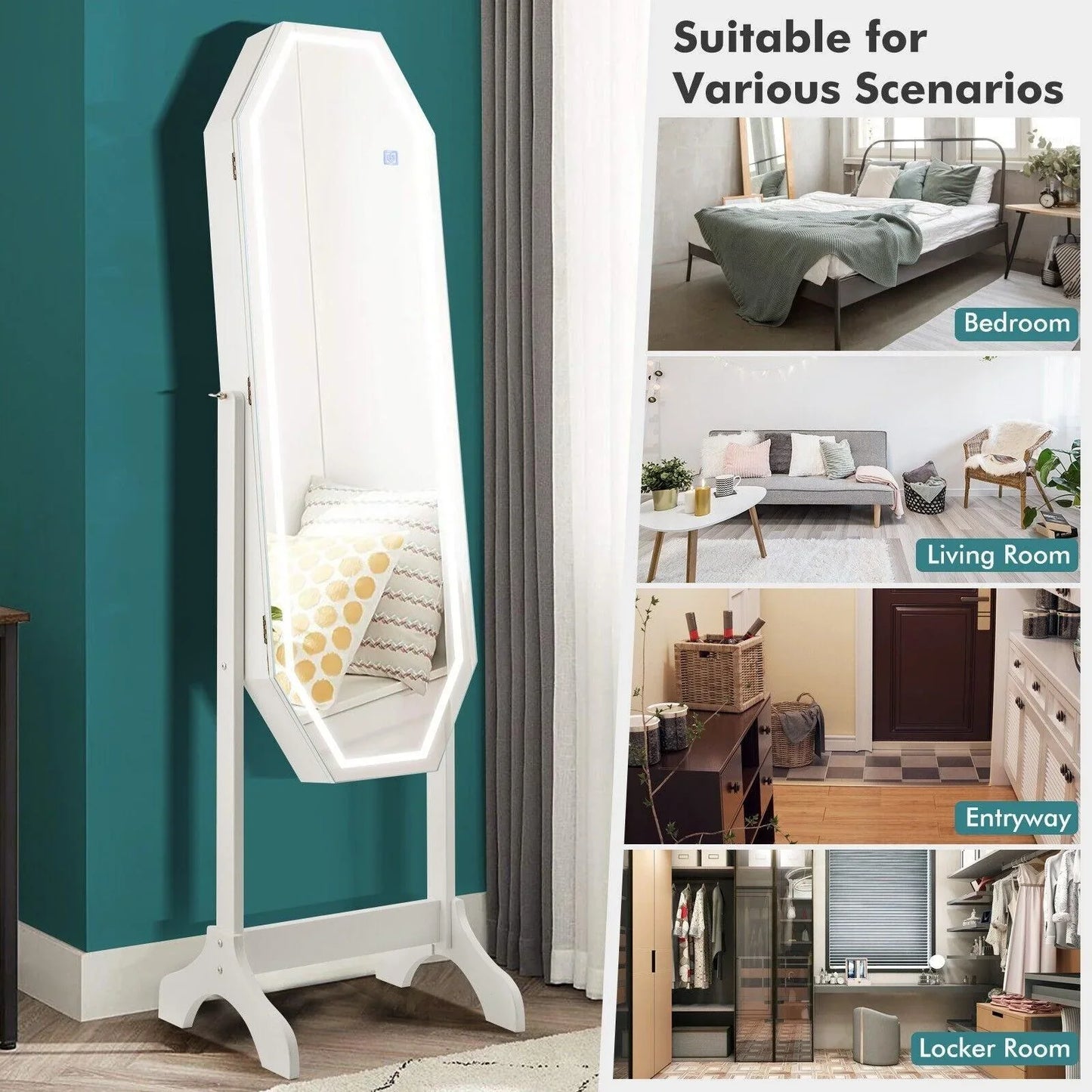 Standing Jewelry Armoire JV10465 with Full Length LED Mirror，Lockable - YOURISHOP.COM
