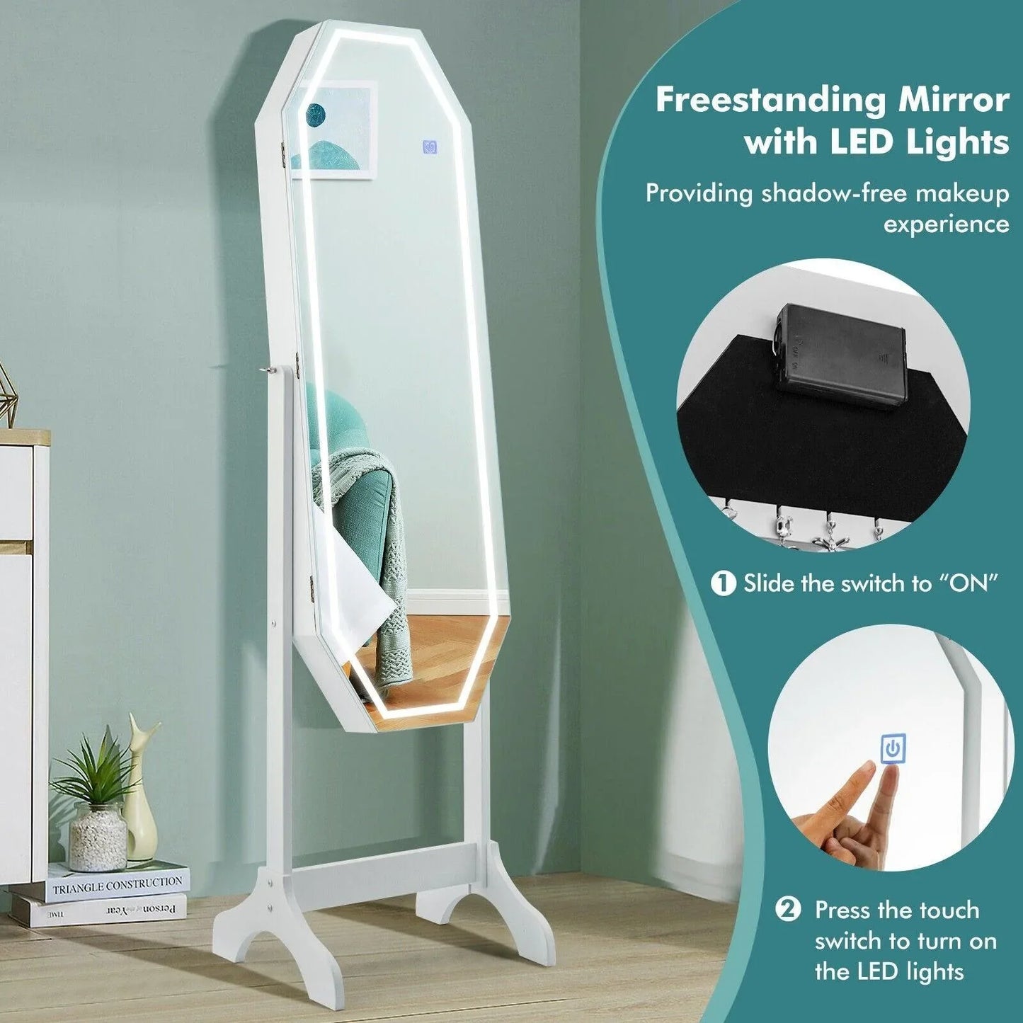 Standing Jewelry Armoire JV10465 with Full Length LED Mirror，Lockable - YOURISHOP.COM