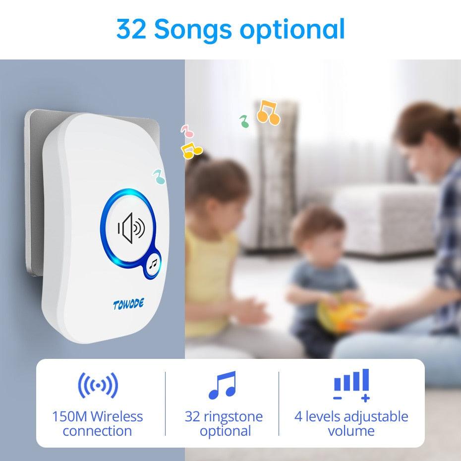 TOWODE Home Wireless Doorbell 433Mhz Welcome Friend Smart Doorbell 150Meters Long Distance 32 Songs 4 Level Volumes Door Chimes - YOURISHOP.COM