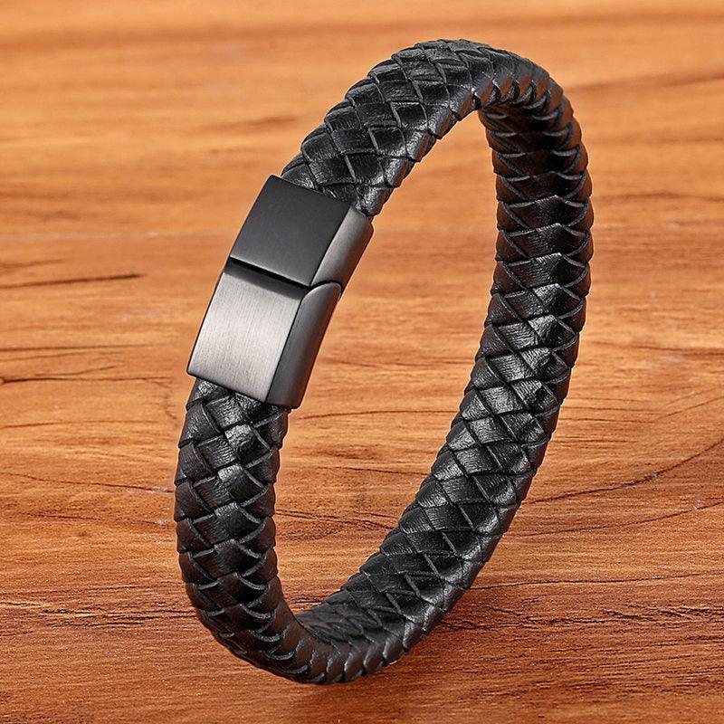 TYO Fashion Stainless Steel Charm Magnetic Black Men Bracelet Leather Genuine Braided Punk Rock Bangles Jewelry Accessories - YOURISHOP.COM