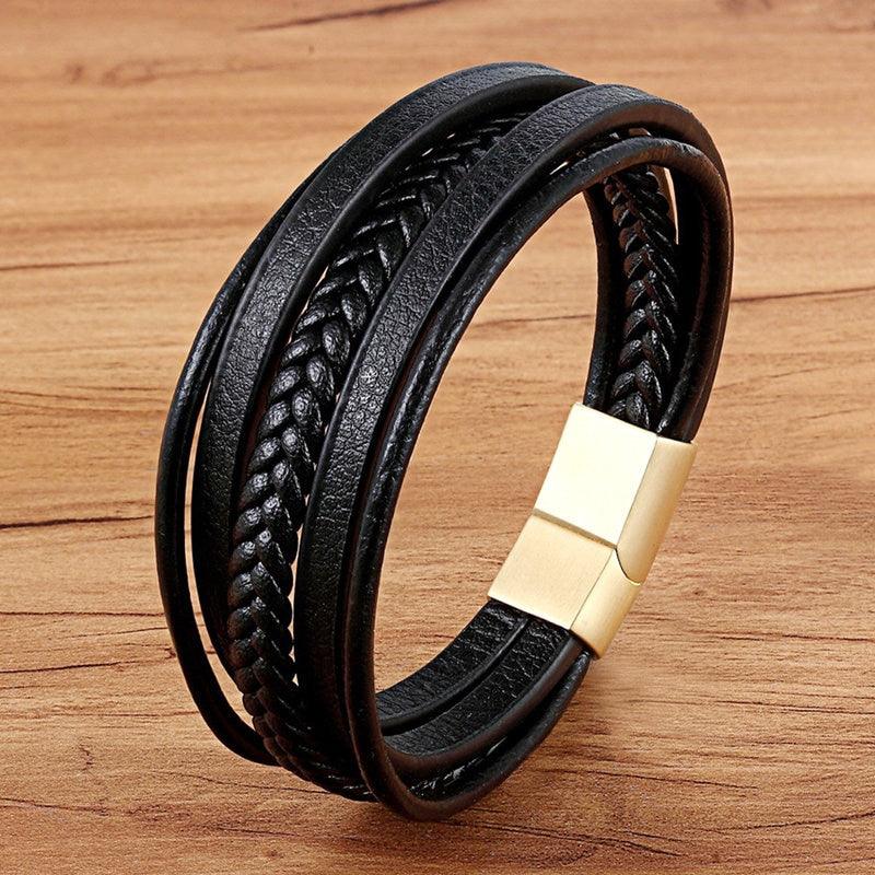 TYO Fashion Stainless Steel Charm Magnetic Black Men Bracelet Leather Genuine Braided Punk Rock Bangles Jewelry Accessories - YOURISHOP.COM