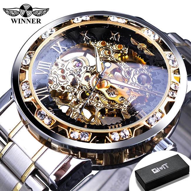 Winner Transparent Fashion Diamond Luminous Gear Movement Royal Design Men Top Brand Luxury Male Mechanical Skeleton Wrist Watch - YOURISHOP.COM