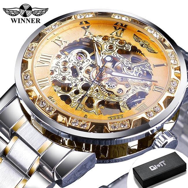 Winner Transparent Fashion Diamond Luminous Gear Movement Royal Design Men Top Brand Luxury Male Mechanical Skeleton Wrist Watch - YOURISHOP.COM