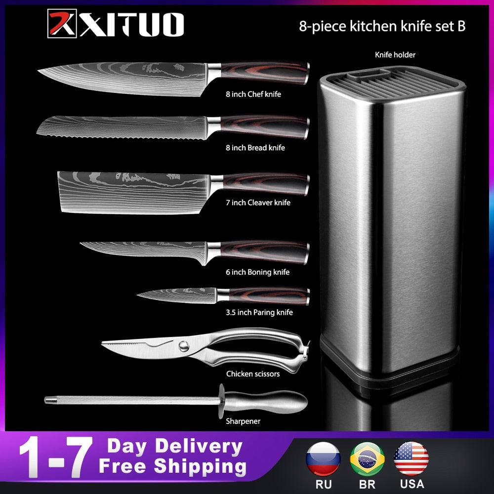 XITUO Kitchen Chef Set 4-8PCS set Knife Stainless Steel Knife Holder Santoku Utility Cut Cleaver Bread Paring Knives Scissors - YOURISHOP.COM