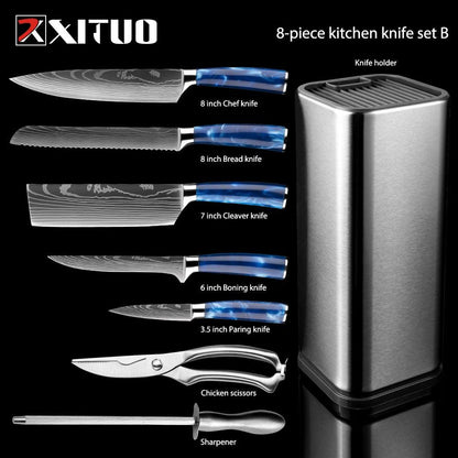 XITUO Kitchen Chef Set 4-8PCS set Knife Stainless Steel Knife Holder Santoku Utility Cut Cleaver Bread Paring Knives Scissors - YOURISHOP.COM
